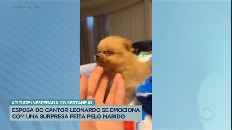 Vídeo: Poliana Rocha, esposa do cantor Leonardo, se emociona ao ganhar cachorro do marido