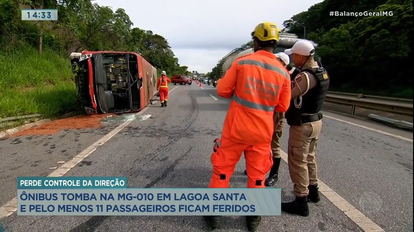 Vídeo: Ônibus tomba e 11 passageiros ficam feridos em Lagoa Santa, na Grande BH