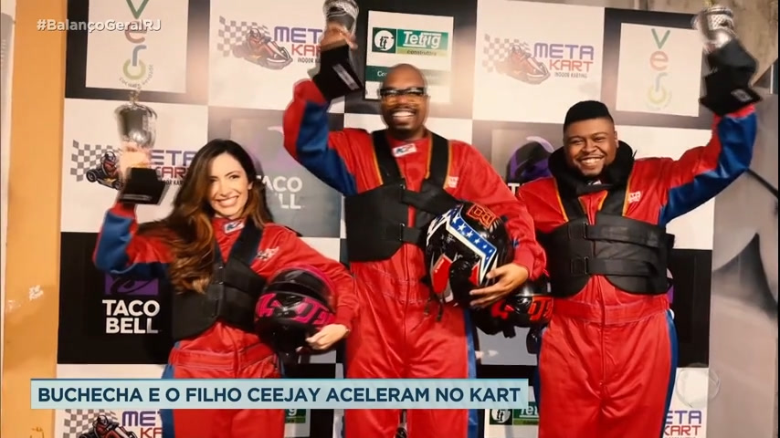 Vídeo: Buchecha e Ceejay participam de corrida de Kart com a apresentadora Paloma Poeta