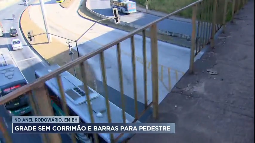 Vídeo: Grade sem corrimão e barras são riscos para os pedestres de viaduto no Anel Rodoviário, em BH