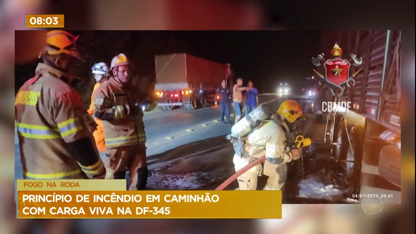 Vídeo: Caminhão com carga de animais pega fogo na DF-345, em Planaltina