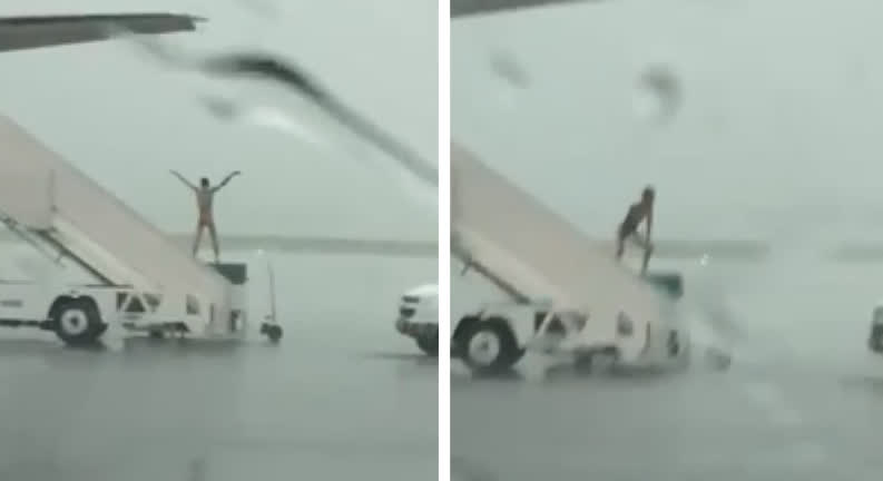 Vídeo: Homem desce pelado de avião e é flagrado dançando em meio a temporal; veja