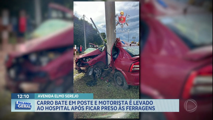Vídeo: Carro bate em poste em Taguatinga e motorista fica preso às ferragens