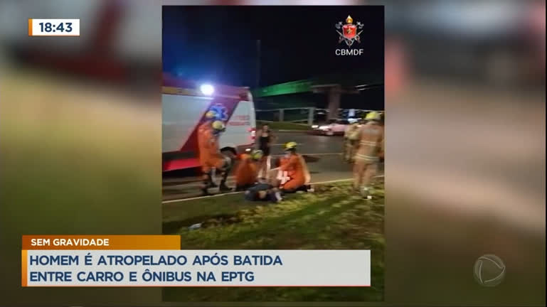 Vídeo: Homem é atropelado após batida entre carro e ônibus na EPTG