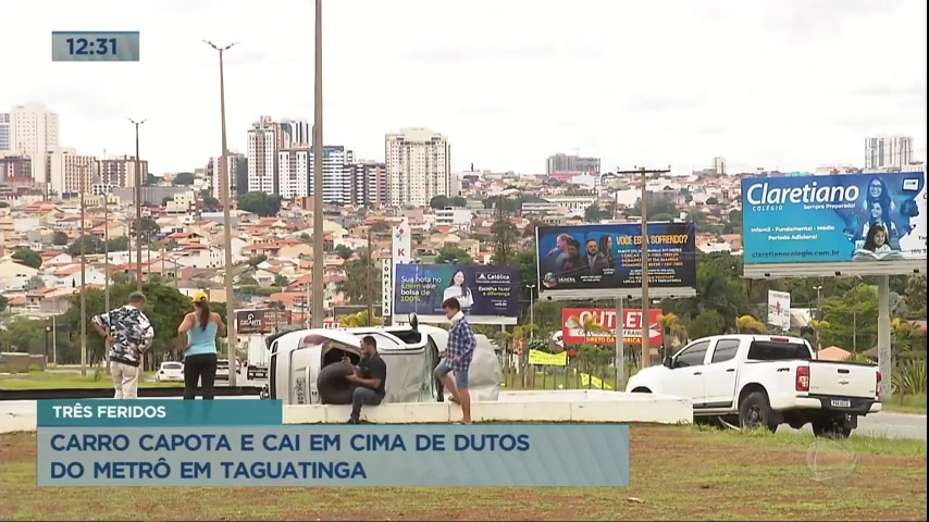 Vídeo: Carro capota e cai em cima de dutos do metrô em Taguatinga (DF)