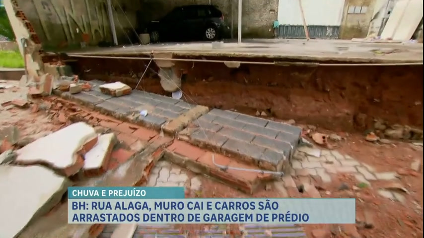 Vídeo: Chuva alaga rua, derruba muro e arrasta carros de garagem em BH