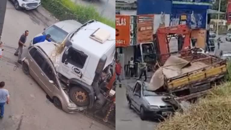 Vídeo: Caminhão desce avenida desgovernado e cai sobre veículos em Ribeirão das Neves (MG)