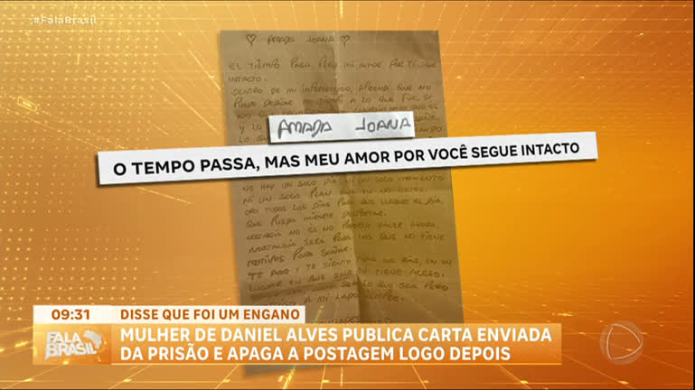 Vídeo: Joana Sanz divulga carta enviada por Daniel Alves na prisão; veja