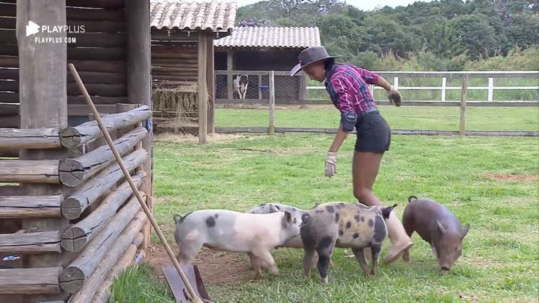 Vídeo: Sabrina Paiva aproveita dia quente para dar banho nos porcos