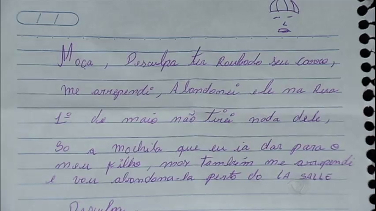 Vídeo: Arrependido de roubo, ladrão escreve bilhete para vítima pedindo desculpas