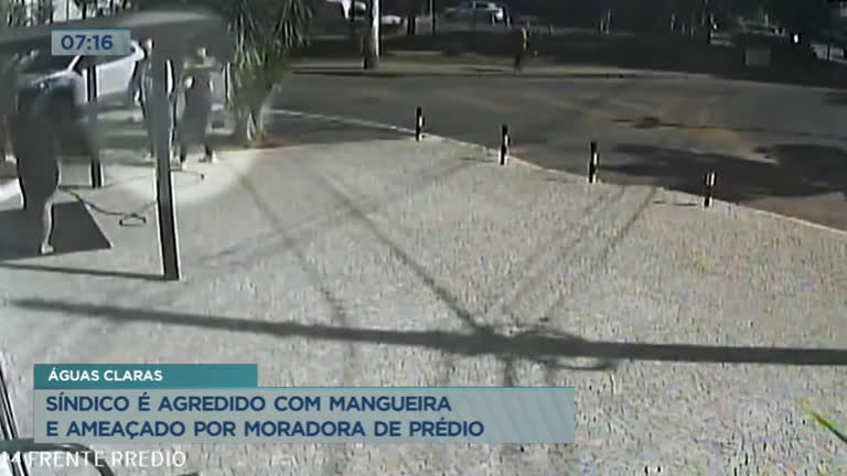 Vídeo: Síndico é agredido com mangueira e ameaçado por moradora de prédio em Águas Claras (DF)